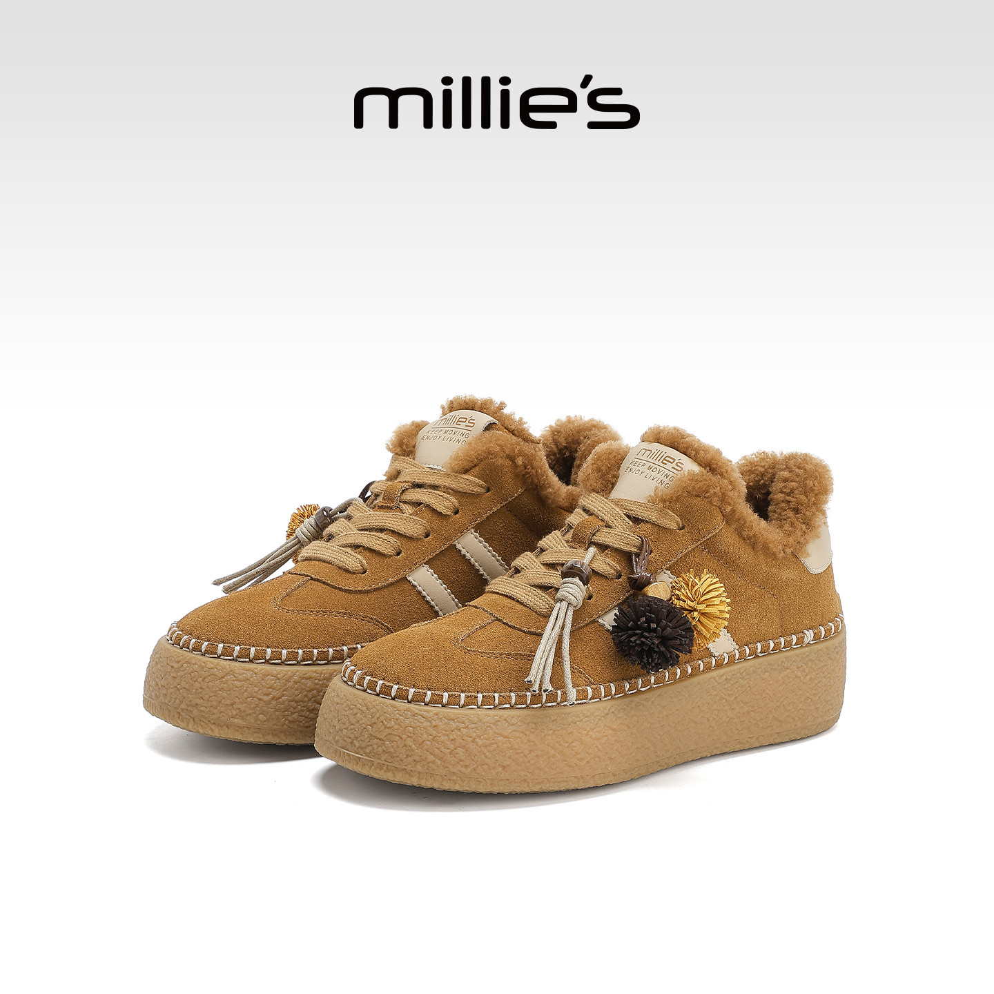 MILLIE'S/妙丽反绒皮厚底德训鞋女加绒保暖棉鞋秋冬新款毛毛板鞋
