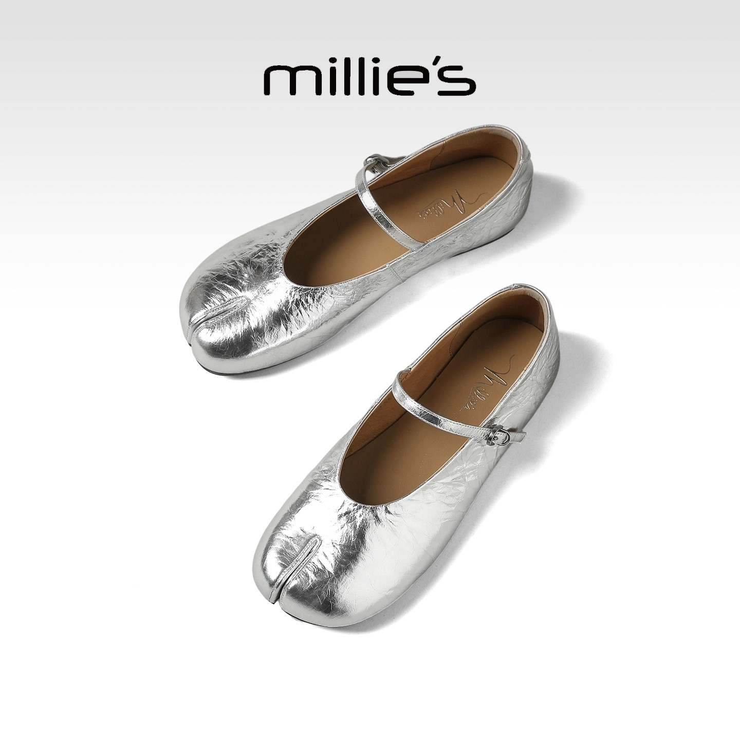 MILLIE'S/妙丽银色真皮玛丽珍鞋女款分趾一字扣气质单鞋春夏新款