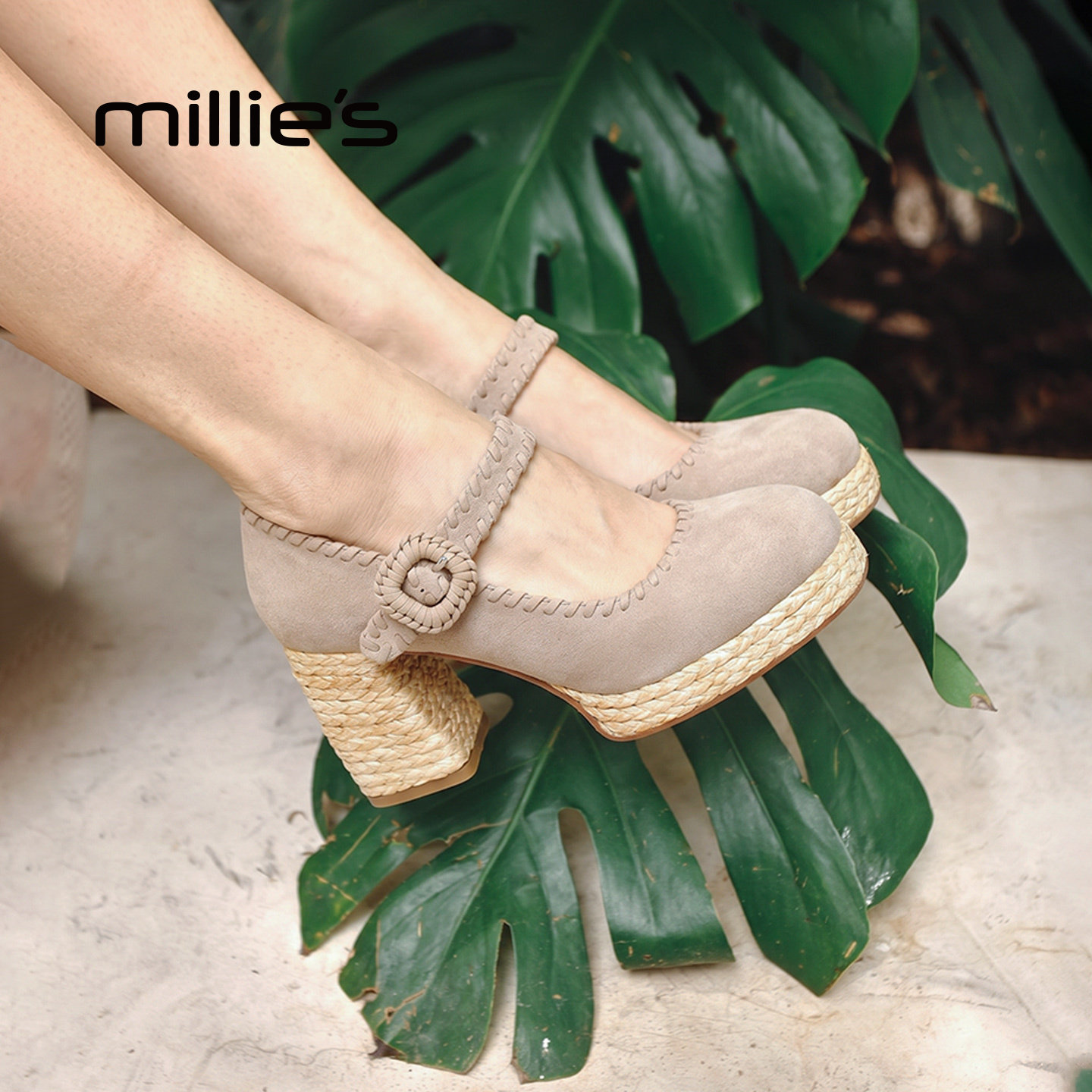 MILLIE'S/妙丽复古编织玛丽珍鞋女粗跟一字厚底高跟凉鞋夏季新款