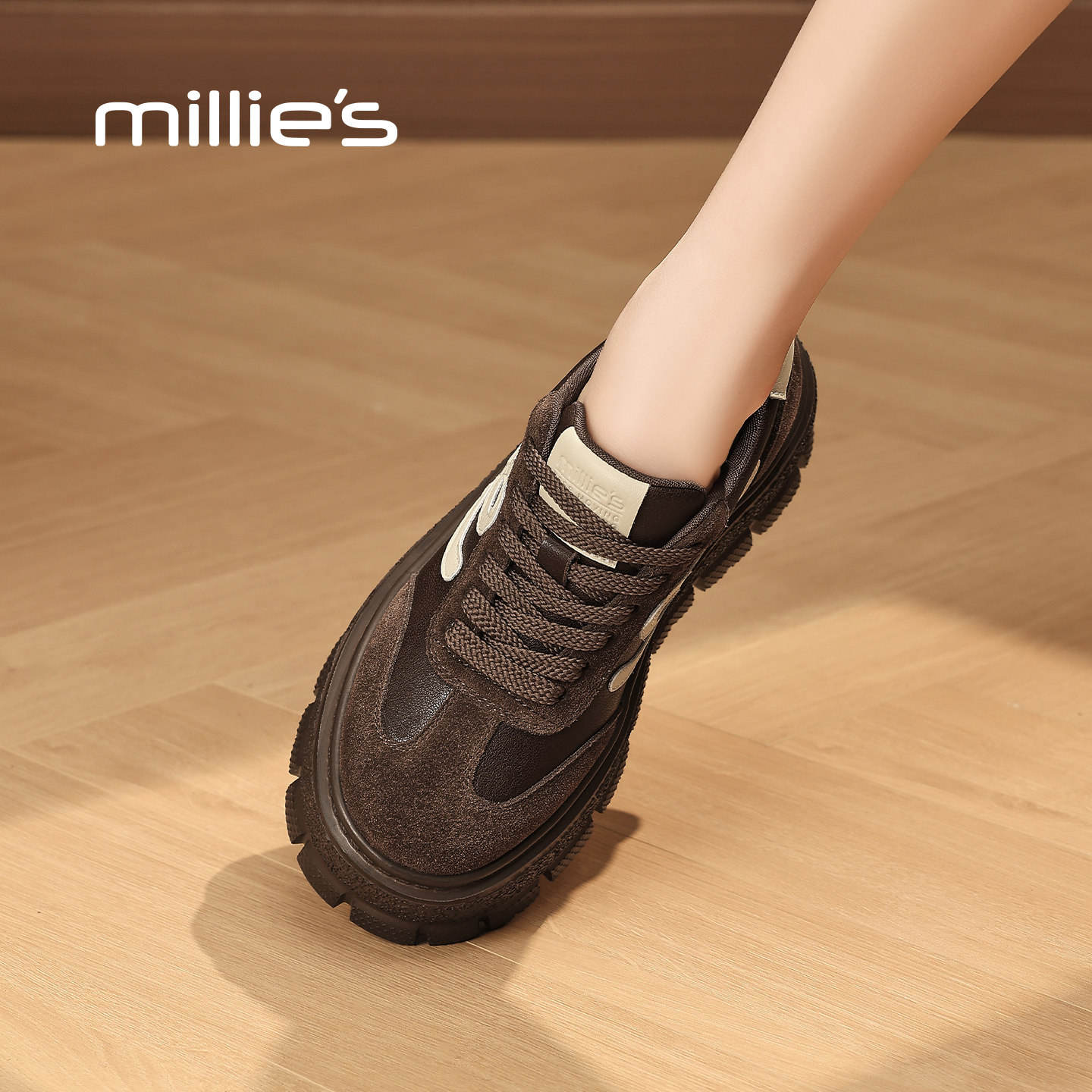 MILLIE'S/妙丽2026春季新款复古厚底板鞋女百搭休闲增高鞋松糕鞋,女鞋,深口单鞋,淘宝优惠券,粉丝福利购,淘宝优惠卷