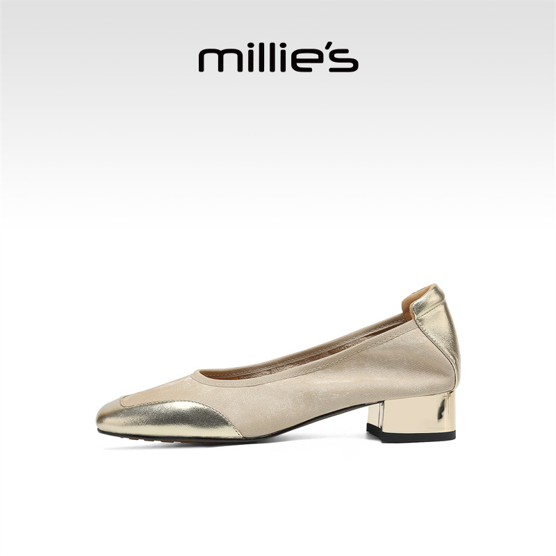 millies妙丽女鞋2025年春季新款粗跟浅口单鞋真皮方头中跟奶奶鞋