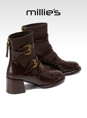 millies妙丽加绒高跟时装靴2025冬季新款加绒短靴女粗跟切尔西靴