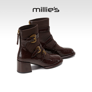 加绒短靴女粗跟切尔西靴 新款 millies妙丽加绒高跟时装 靴2025冬季