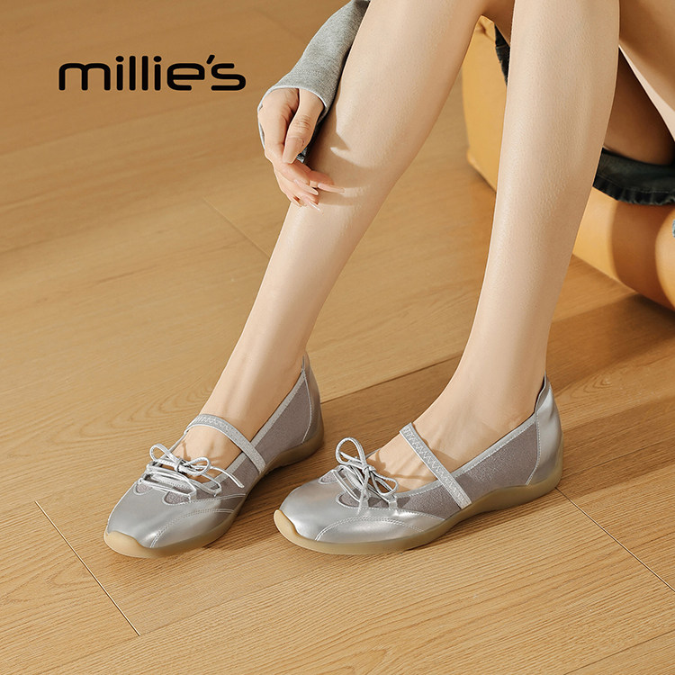MILLIE'S/妙丽银色玛丽珍鞋女款浅口蝴蝶结一脚蹬百搭时尚休闲鞋,女鞋,时尚休闲鞋,淘宝优惠券,粉丝福利购,淘宝优惠卷