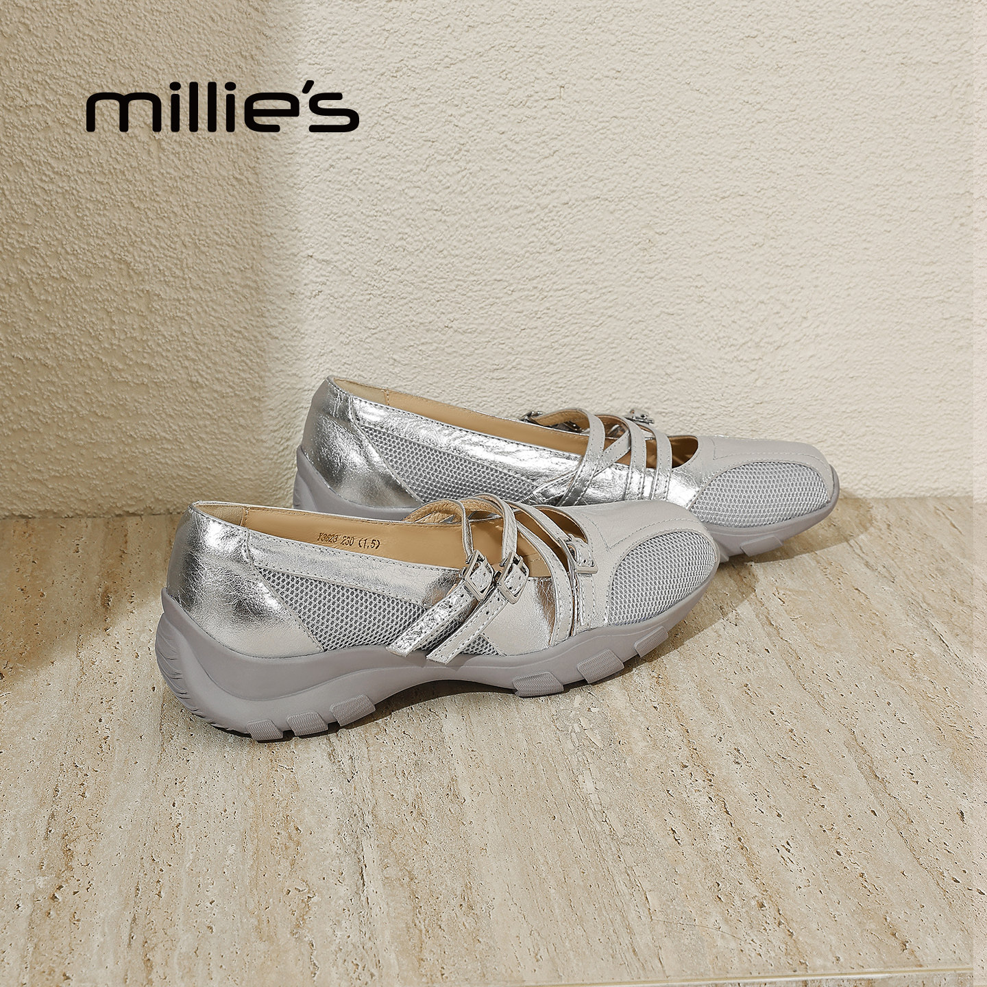 MILLIE'S/妙丽银色真皮玛丽珍鞋女厚底交叉扣带浅口百搭舒适单鞋,女鞋,玛丽珍鞋,淘宝优惠券,粉丝福利购,淘宝优惠卷