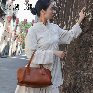 此溯头层植鞣牛皮手缝大容量托特女包新中式复古单肩斜挎手提包软