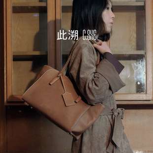 此溯手缝头层植鞣牛皮大容量托特真皮女包单肩手提腋下通勤包包软