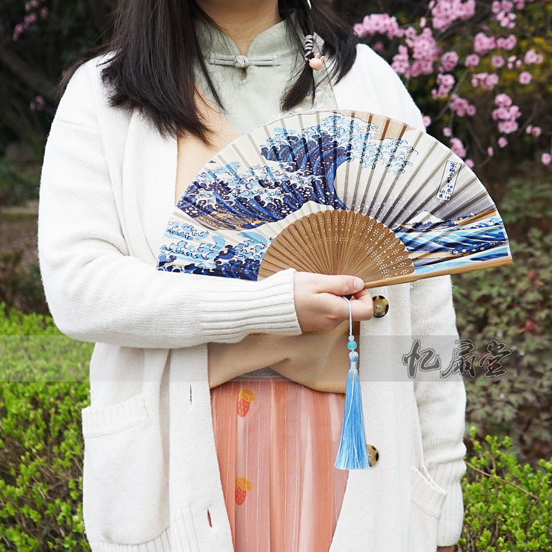 日式真丝和风古风折扇折叠扇子 男女扇浮世绘神奈川海浪富士山