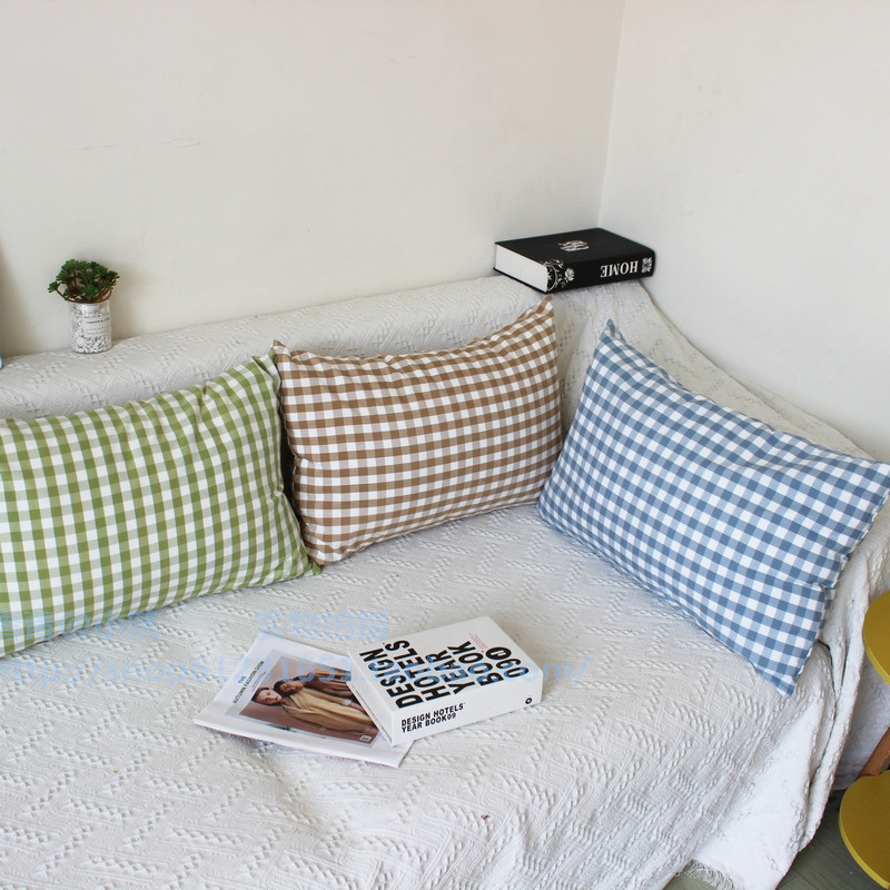 韩式田园清新涤棉小格子客厅沙发长方形腰枕靠垫靠枕抱枕套60X40