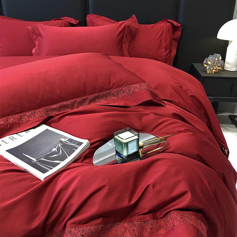 100支贡缎长绒棉A类纯棉喜庆红色结婚四件套全棉婚庆缎面陪嫁牀品