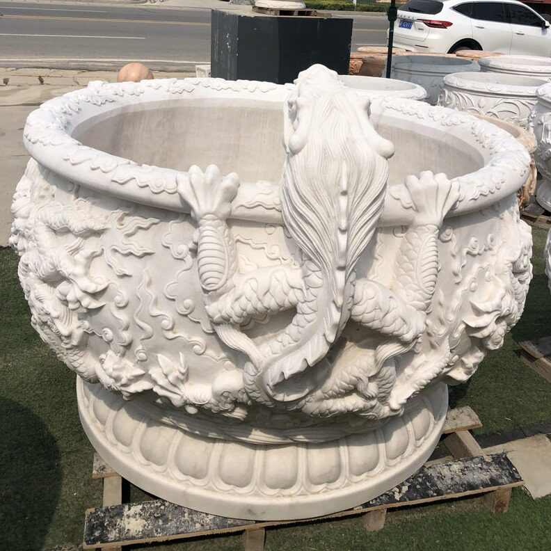 直销石雕鱼缸汉白玉圆形龙缸别墅庭院装饰种花摆件晚霞红石雕荷花
