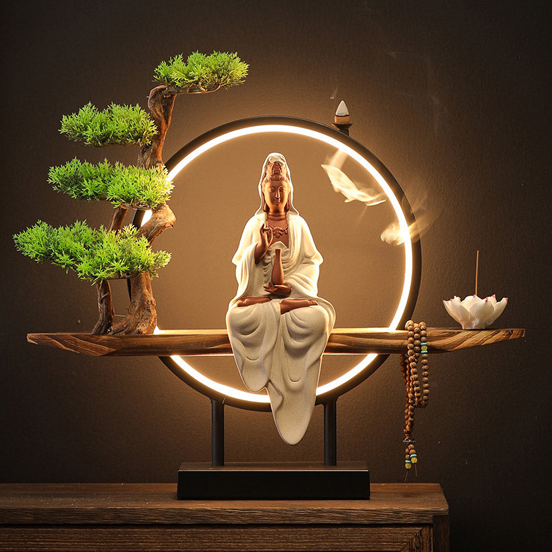 禅意新中式倒流香佛像陶瓷工艺品玉净瓶观音菩萨创意佛像灯摆件