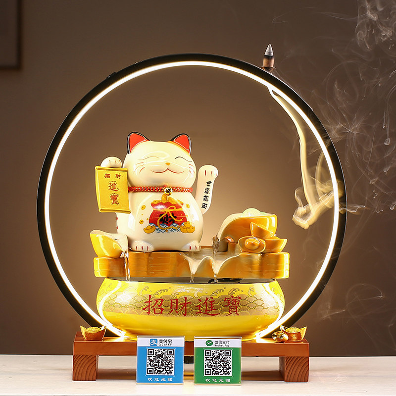 创意招财猫流水灯圈倒流香摆件客厅办公室桌面水循环乔迁开业送礼