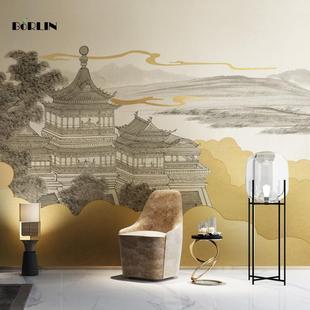 轻奢风景金色山水楼阁卧室沙发背景墙纸壁布茶室定制壁画 现代中式