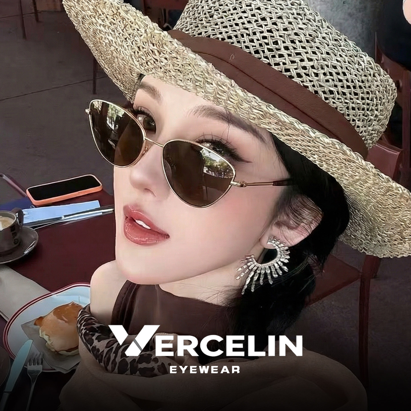 复古茶色老钱风猫眼墨镜女高级感偏光港风太阳眼镜海边近视带度数