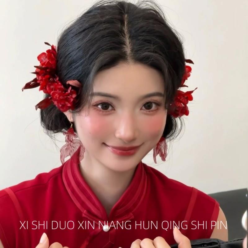 新中式秀禾头饰新娘订婚红色花朵头花减龄古典秀禾服结婚晨袍发饰