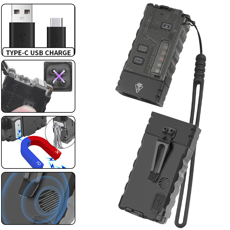 跨境新款迷你手电筒防身报警器户外充电防风打火机多光源钥匙扣灯