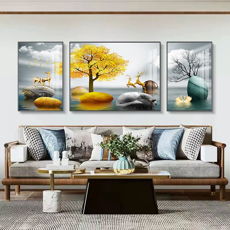 福鹿聚财客厅挂画北欧简约三联壁画大气墙画沙发背景墙装饰画图片