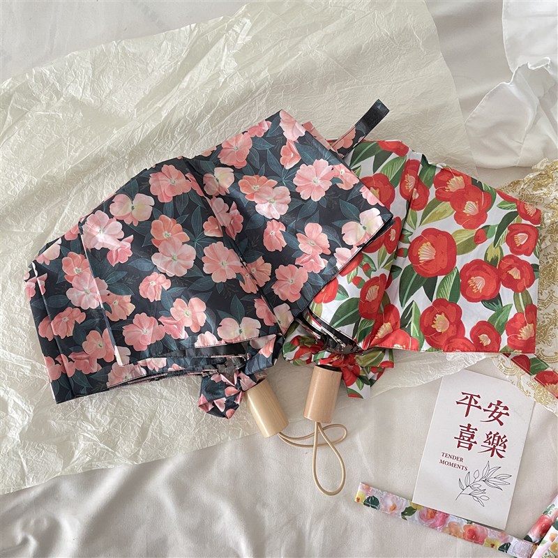 msho日韩复古蔷薇花玫瑰花轻量晴雨两用折叠遮阳太阳黑胶雨伞女伞