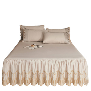 通用 可裸睡长绒棉全棉刺绣床裙单件床罩套18m防滑三件套四季