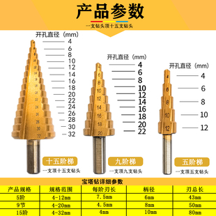 阶梯塔型锥形钻锯齿拉槽铁皮木材手电钻麻花钻组合装 宝塔钻头套装