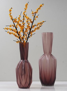 紫色手工磨刻玻璃花瓶现代轻奢花器水培客厅玄关乾燥花装饰桌面摆