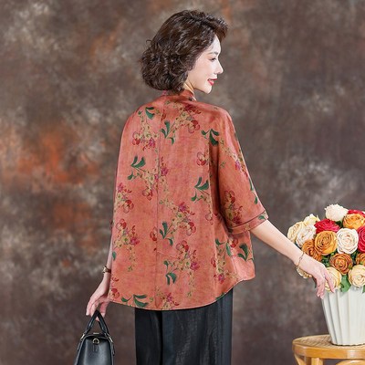 齐黛新中式真正的香云纱上衣女2025新款五分袖宽松妈妈装真丝衬衫