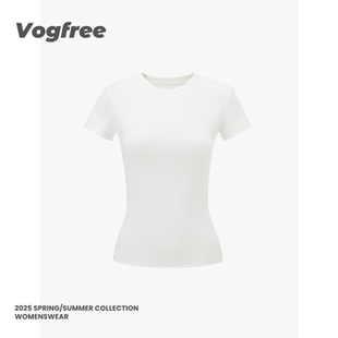 Vogfree夏季 顯瘦圓領打底上衣高彈針織T袖 純色正肩運動女短袖 修身