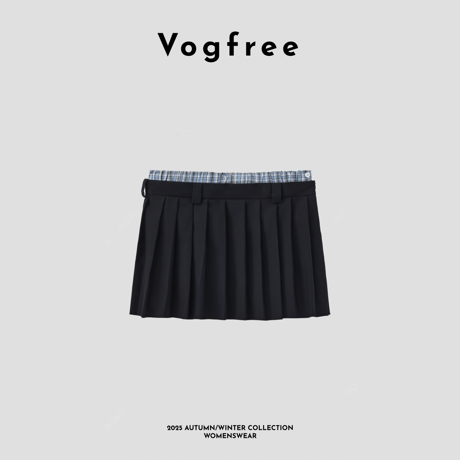 Vogfree 25FW 蓝格纹拼接百褶裙复古学院风雪纺面料修身短款半裙