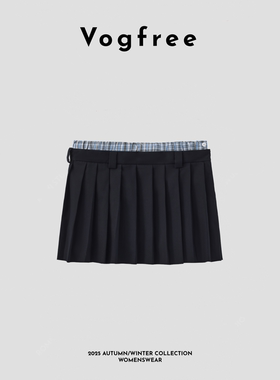 Vogfree 设计感蓝格纹拼接百褶裙复古学院风雪纺面料修身短款半裙