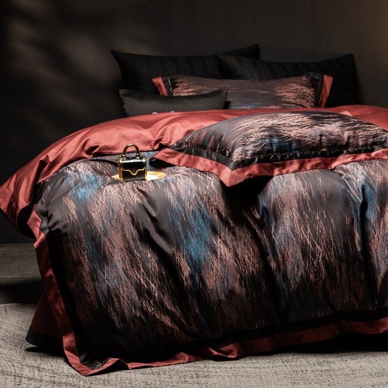 高奢复古风高精密锦缎色织大提花四件套高档别墅样板房床上用品
