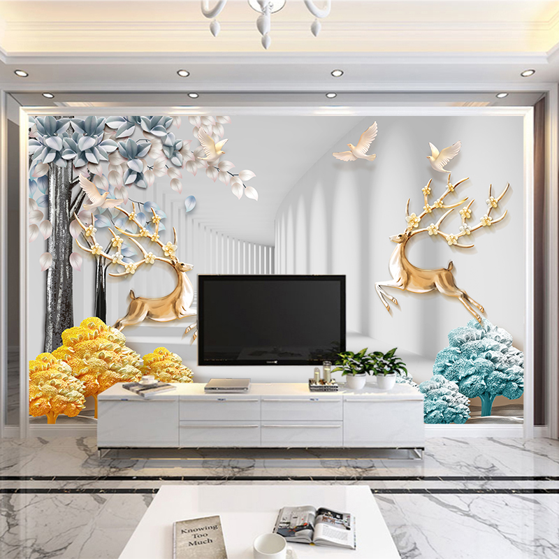 3d北欧麋鹿电视背k景墙布8d立体网红客厅卧室墙画5d凹凸装饰墙壁