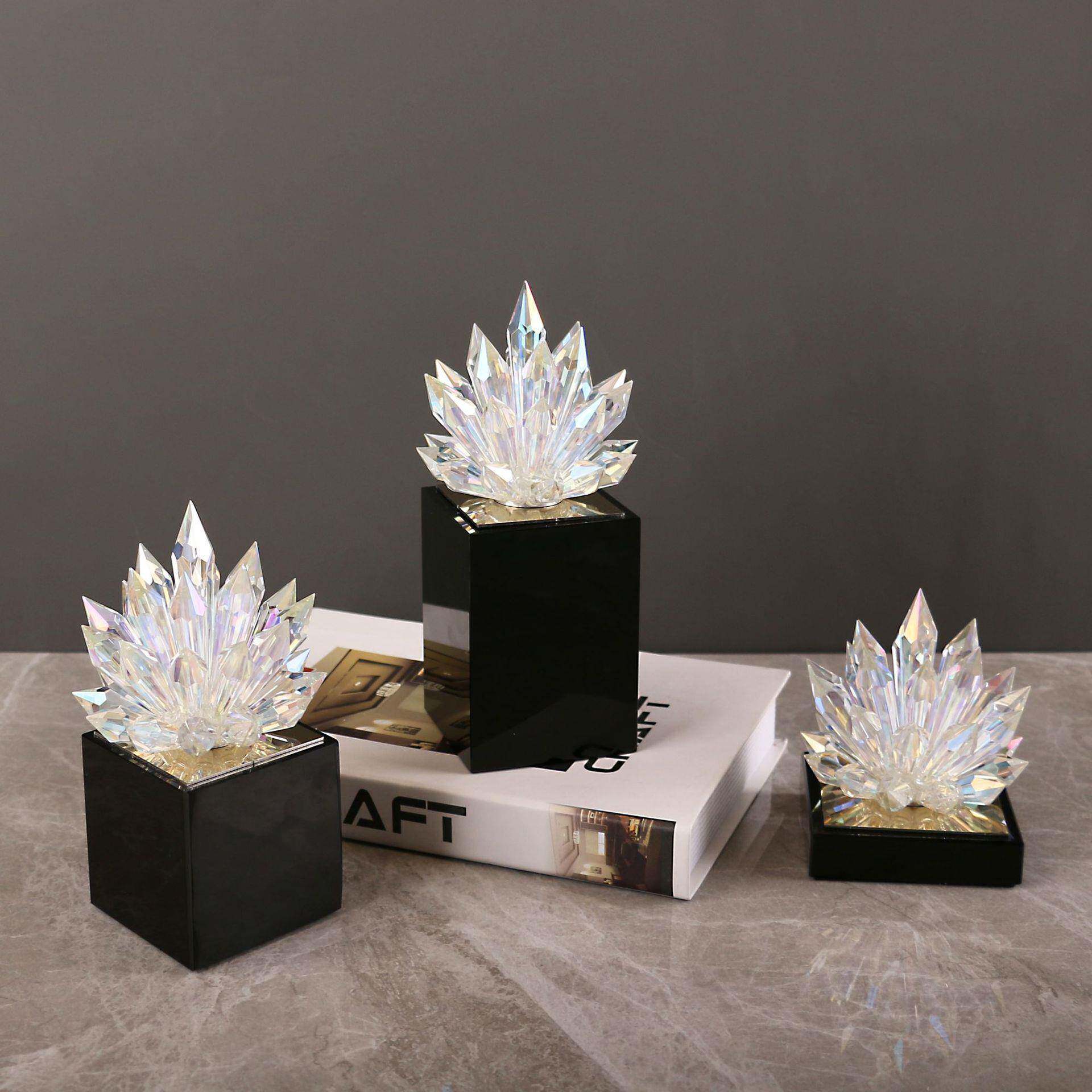 现代轻奢透明水晶莲花桌面摆件黑色水晶底座卧室客厅家居装饰品