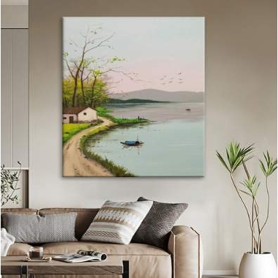 新中式田园风景纯手绘油画湖边山水装饰画客厅玄关挂画丙烯肌理画图片