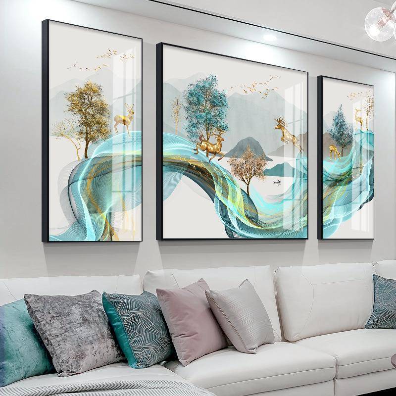 麋鹿飞鸟办公室客厅装饰画新中式招财轻奢画现代简约招财三联画