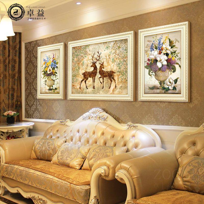 欧式客厅装饰画沙发背景画简欧大气三联挂画现代简约餐厅轻奢壁画