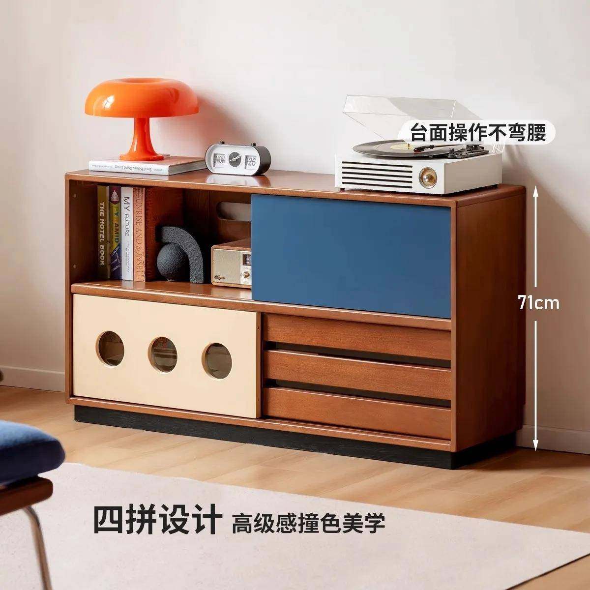 现代简约实木餐边柜边柜客厅中古风收纳斗柜家用落地拼色地柜,收纳整理,烫衣板及配件,淘宝优惠券,粉丝福利购,淘宝优惠卷