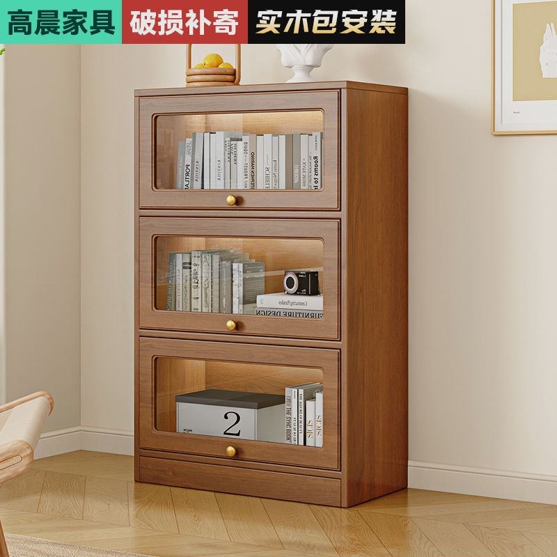 实木书柜带玻璃门书架置物架落地柜家用客厅展示新中式防尘收纳柜