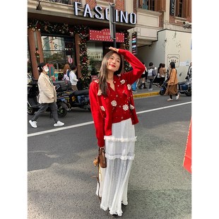 两件套毛线衣红色绵羊毛开衫 落落狷介 冬季 2024新款 上衣 毛衣女款