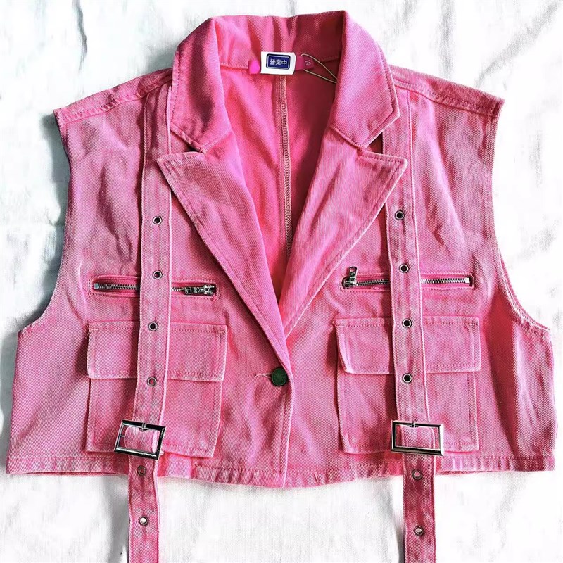 复古粉色大口袋设计工装牛仔套装女无袖马甲短款+高腰包臀短裙潮
