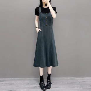 2024中长裙新款前开叉百搭宽松收腰背带裙牛仔吊带a字连衣裙潮裙