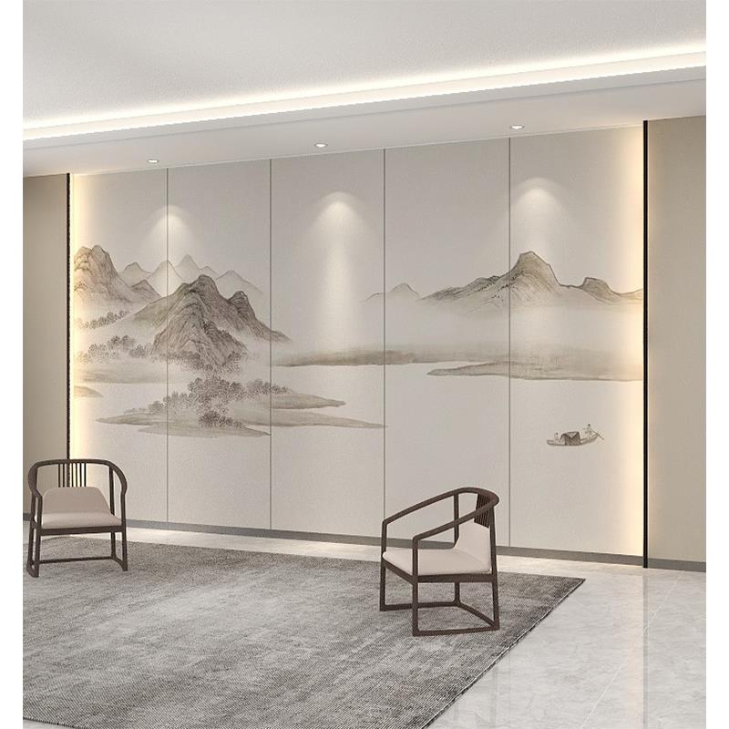 新中式水墨山水画护墙板客厅卧室电视背景墙板竹木纤维沙发集成板