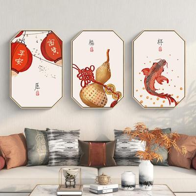 八边形新中式客厅沙发背景墙装饰画寓意好的玄关画中国风餐厅挂画