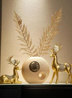 新中式招财鹿摆件客厅电视柜轻奢高档装饰玄关博古架摆设花瓶水晶