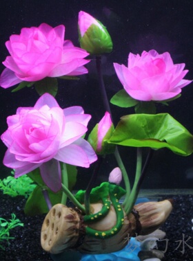 热卖仿真莲藕荷花鱼缸装饰假花水族箱造景木桶红色莲花绢布草包邮