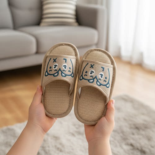 儿童亚麻拖鞋心形小熊刺绣