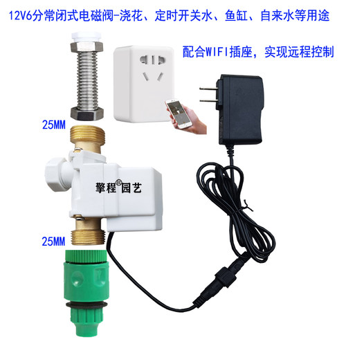 手机远程控制定时开关水12V6分25MM常闭式电磁阀浇水浇花管道设备