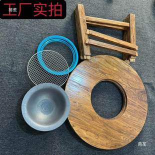榆木围桌煮茶桌户老外庭两院复BQA古圆桌炉烧烤火锅用商用桌