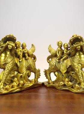 杨铜记黄铜送子麒麟摆件铜金童玉女双人送子麒麟