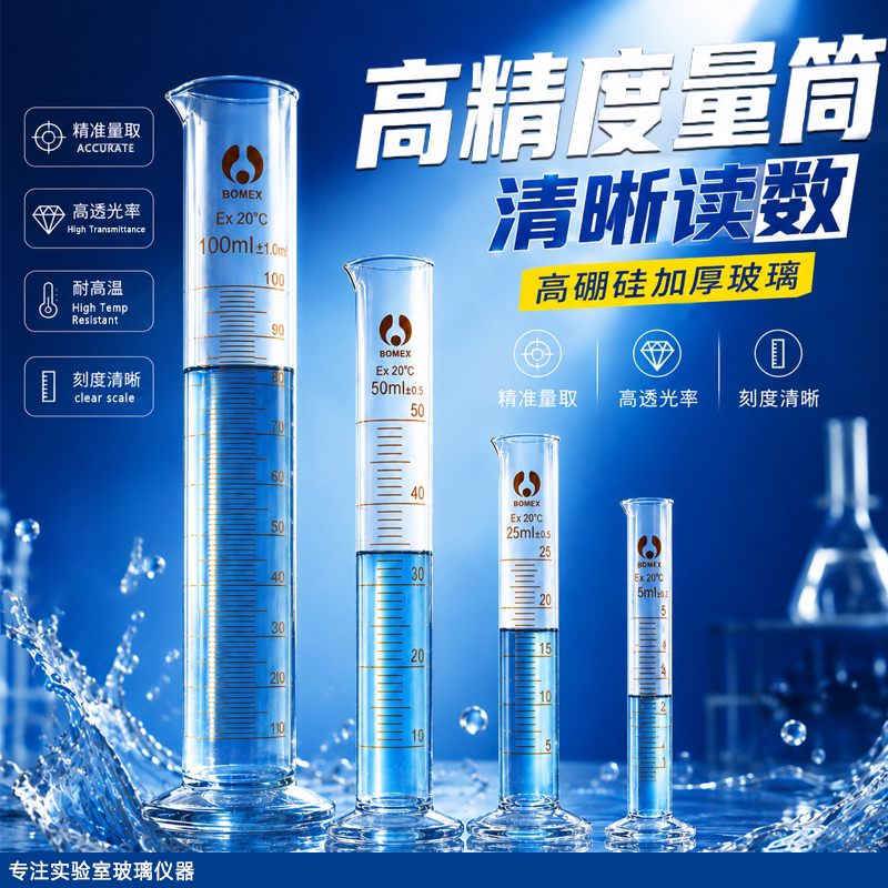 玻璃刻度量筒50/100/200/250/500/1000ml实验室仪器教学教具A级高硼硅玻璃六角底高精度耐酸碱耐高温A级可检
